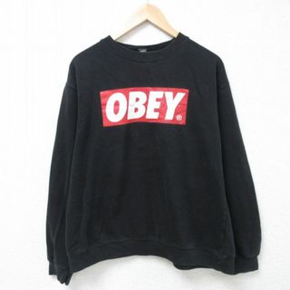 オベイ(OBEY)のL★古着 オベイ OBEY 長袖 スウェット メンズ ビッグロゴ クルーネック 黒 ブラック 24may20 中古 スエット トレーナー トップス(パーカー)