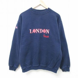 M★古着 長袖 スウェット メンズ 00年代 00s ロンドン 刺繍 クルーネック 紺 ネイビー 24may20 中古 スエット トレーナー トップス(パーカー)