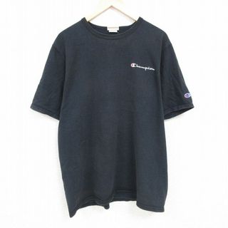 チャンピオン(Champion)のXL★古着 チャンピオン Champion 半袖 ブランド Tシャツ メンズ ワンポイントロゴ 大きいサイズ コットン クルーネック 黒 ブラック 24may20 中古(Tシャツ/カットソー(半袖/袖なし))