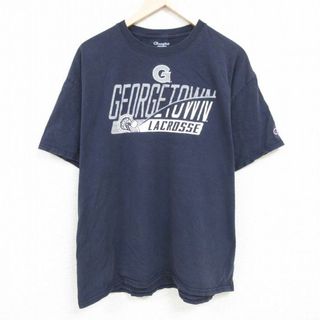 チャンピオン(Champion)のXL★古着 チャンピオン Champion 半袖 ブランド Tシャツ メンズ ジョージタウン ラクロス クルーネック 紺 ネイビー 24may20 中古(Tシャツ/カットソー(半袖/袖なし))