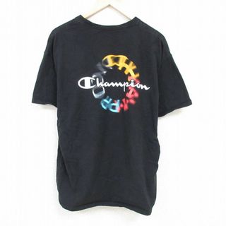 チャンピオン(Champion)のXL★古着 チャンピオン Champion 半袖 ブランド Tシャツ メンズ ワンポイントロゴ クルーネック 黒 ブラック 24may20 中古(Tシャツ/カットソー(半袖/袖なし))