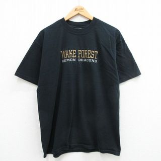 XL★古着 ジャージーズ 半袖 ビンテージ Tシャツ メンズ 00年代 00s WAKE FOREST 刺繍 コットン クルーネック 黒 ブラック 24may20 中古(Tシャツ/カットソー(半袖/袖なし))