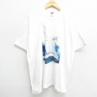 フルーツオブザルーム(FRUIT OF THE LOOM)のXL★古着 フルーツオブザルーム 半袖 ビンテージ Tシャツ メンズ 90年代 90s ヨット 大きいサイズ クルーネック USA製 白 ホワイト 24may20 中古(Tシャツ/カットソー(半袖/袖なし))