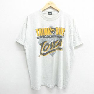 フルーツオブザルーム(FRUIT OF THE LOOM)のXL★古着 フルーツオブザルーム 半袖 ビンテージ Tシャツ メンズ 90年代 90s アイオワホーキーズ 大きいサイズ クルーネック USA製 薄グレー 霜降り 24may20 中古(Tシャツ/カットソー(半袖/袖なし))