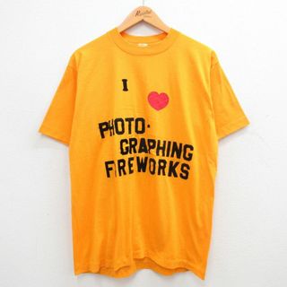 XL★古着 半袖 ビンテージ Tシャツ メンズ 80年代 80s アイラブフォトグラフィング フロッキープリント クルーネック USA製 濃黄 イエロー 【spe】 24may20 中古(Tシャツ/カットソー(半袖/袖なし))