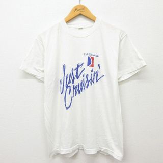 スクリーンスターズ(SCREEN STARS)のL★古着 スクリーンスターズ 半袖 ビンテージ Tシャツ メンズ 80年代 80s Just Cruisin クルーネック USA製 白 ホワイト 24may20 中古(Tシャツ/カットソー(半袖/袖なし))