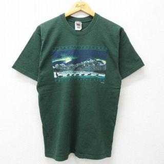 フルーツオブザルーム(FRUIT OF THE LOOM)のM★古着 フルーツオブザルーム 半袖 ビンテージ Tシャツ メンズ 90年代 90s アラスカ 山 コットン クルーネック 緑 グリーン 24may20 中古(Tシャツ/カットソー(半袖/袖なし))