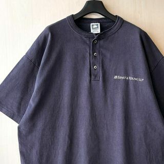 VINTAGE - 90s古着ヴィンテージ　企業ロゴTシャツ　刺繍ロゴ　ヘンリーネック　肉厚ヘビー