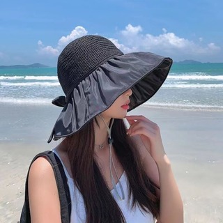 【早い者勝ち】 レディース 帽子 黒 つば広 紫外線対策 アウトドア UVカット(麦わら帽子/ストローハット)