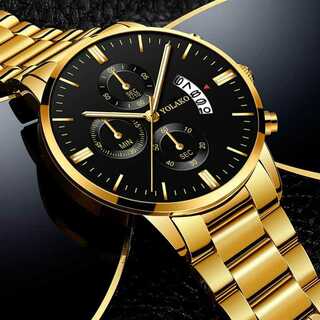 メンズ腕時計 ブラック ゴールド 3針 アナログ クォーツ 日付(腕時計)