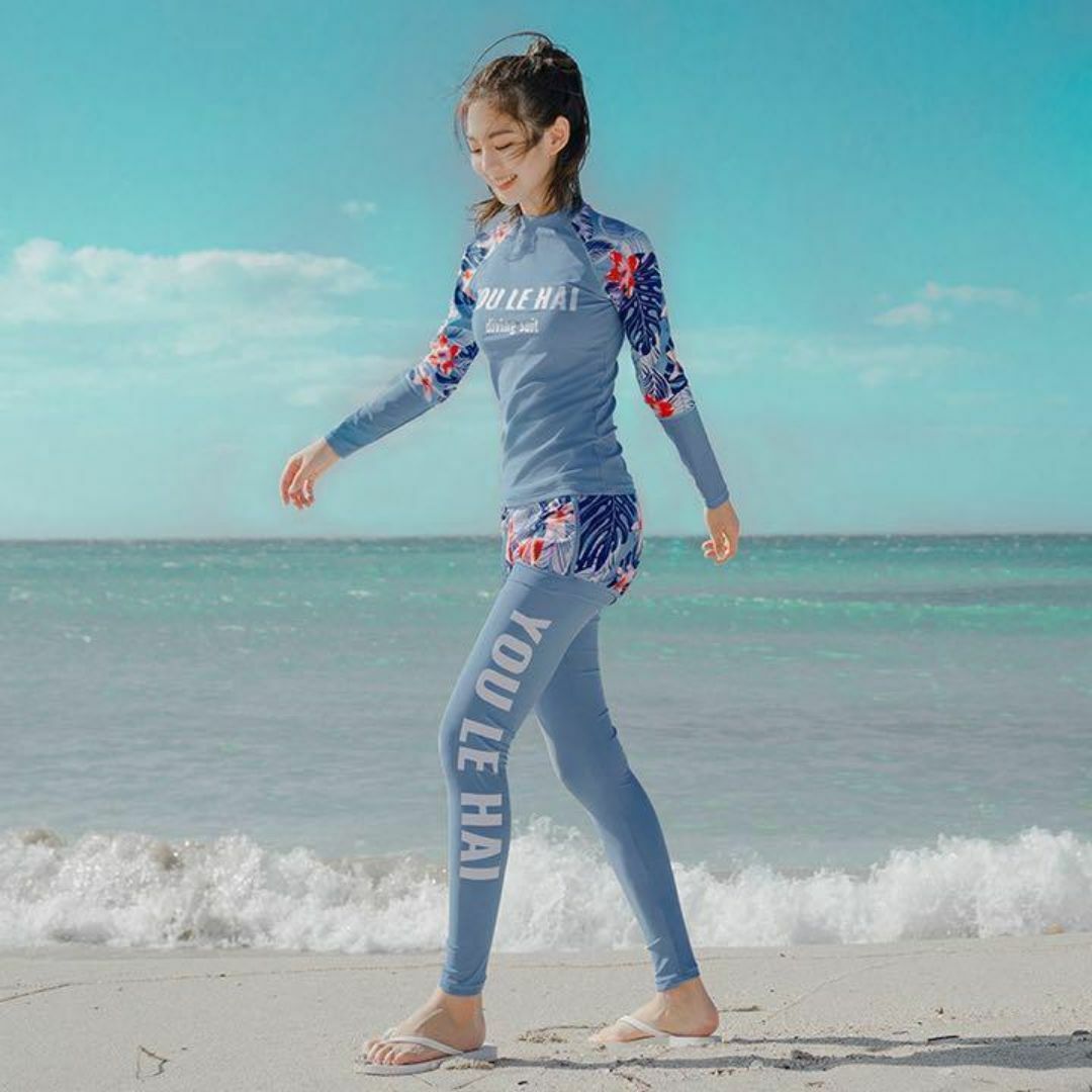 【新作入荷】 レディース ボタニカル ラッシュガード 3点セット ブルー M レディースの水着/浴衣(水着)の商品写真
