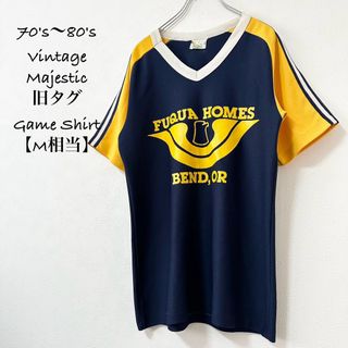 マジェスティック(Majestic)の70s80sヴィンテージ★マジェスティック★ラグランリンガーVネック★紺黄白★M(Tシャツ/カットソー(半袖/袖なし))