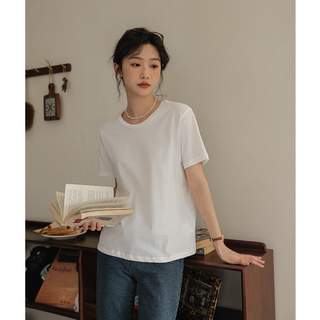 レディースTシャツ　M ホワイト　半袖　無地　シンプル　チュニック　カットソー(Tシャツ(半袖/袖なし))