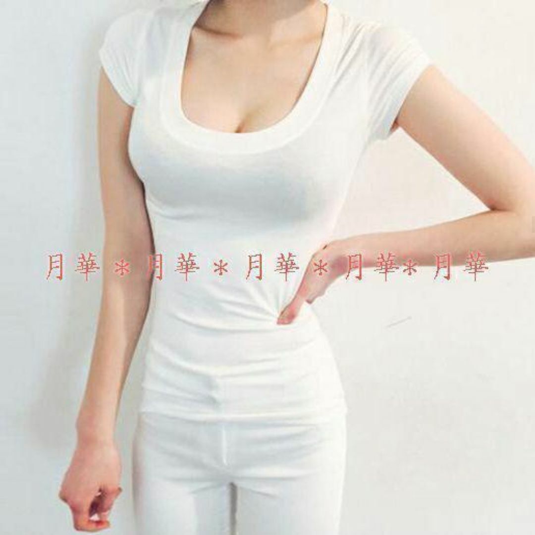 Tシャツ 白 L 深Uネック 胸元強調 トップス 新品 即納 半袖 l1867 レディースのトップス(Tシャツ(半袖/袖なし))の商品写真