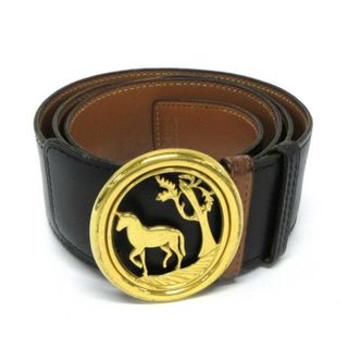 エルメス(Hermes)のHERMES(エルメス) ベルト 90 ホース 黒×ゴールド リバーシブル/ゴールド金具/馬/アンティーク レザー×金属素材(ベルト)