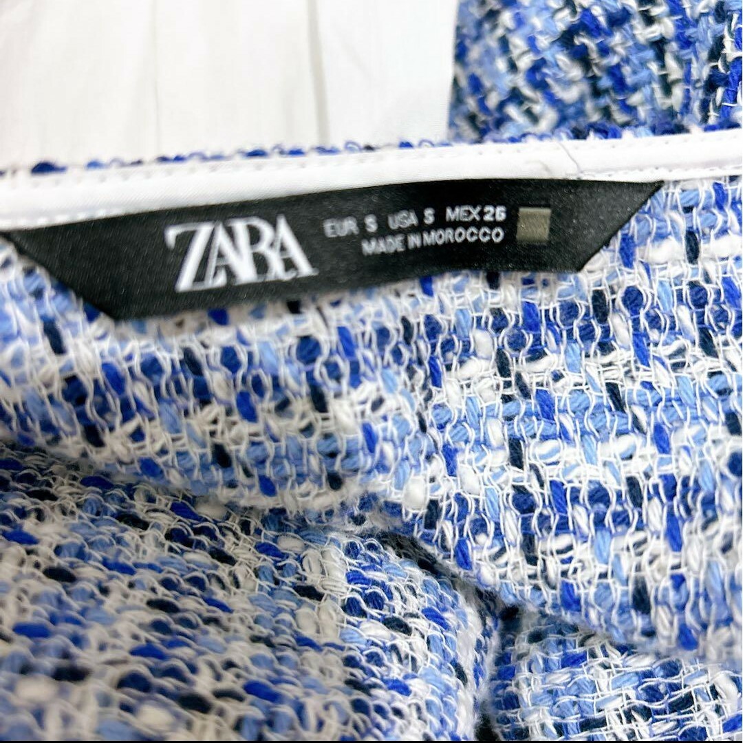 ZARA(ザラ)の【処分特価】ZARA 大人気 ブルー ツイード柄 ショート丈 長袖シャツ 白 レディースのトップス(カットソー(長袖/七分))の商品写真