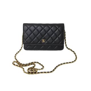 新品同様 CHANEL シャネル ショルダーバッグ マトラッセ チェーンウォレット ランダム ラムスキン ブラック ゴールド金具 中古 63918