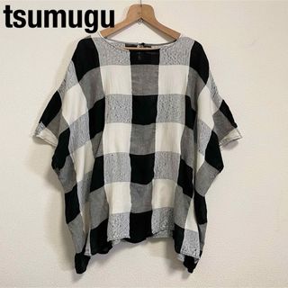 tumugu - 美品　ツムグ　tsumugu　綿麻　ブロックチェック　ドルマン　プルオーバー