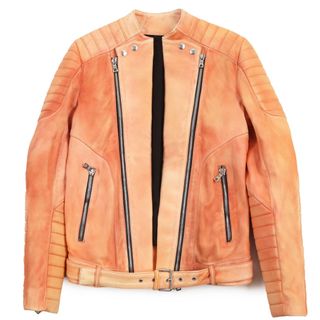 バルマン(BALMAIN)の【ドンドン見直し】良品●BALMAIN バルマン S5HC264C904 ラムレザー バイカージャケット ライダースジャケット オレンジ系 44 イタリア製 正規品 メンズ(ライダースジャケット)