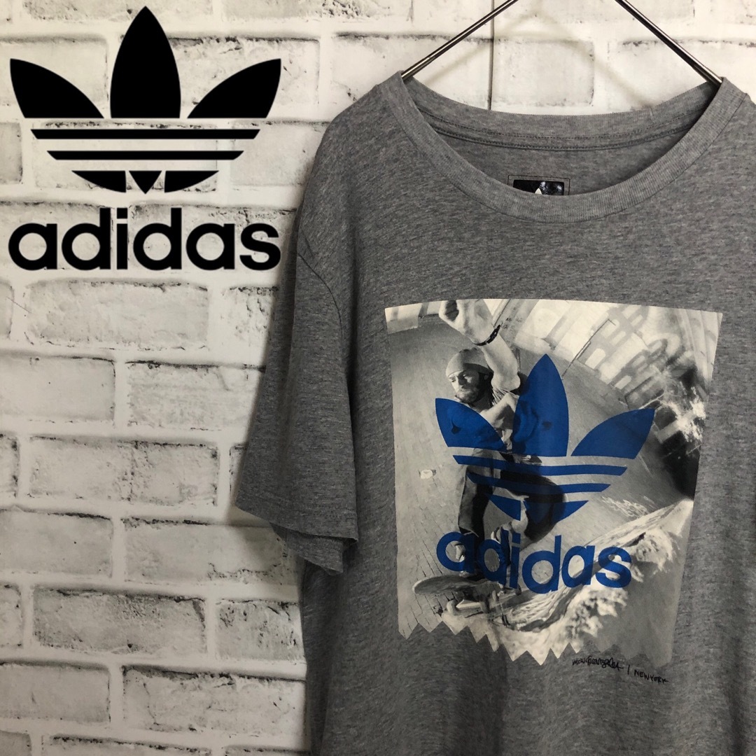 Originals（adidas）(オリジナルス)のadidas⭐️ビッグトレファイルロゴ NY スケボー Tシャツ L グレー×青 メンズのトップス(Tシャツ/カットソー(半袖/袖なし))の商品写真