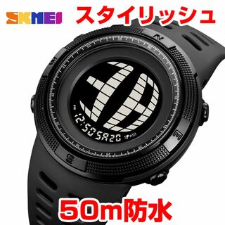 インパクト文字 シンプル 50m防水スポーツウォッチ デジタル腕時計ブラック黒S(腕時計(デジタル))