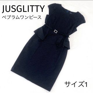 ジャスグリッティー(JUSGLITTY)の即日発送//美品JUSGLITTY  ペプラムワンピース ネイビー ストライプ(ひざ丈ワンピース)