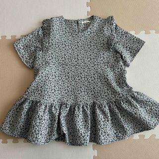 【美品】ペプラムトップス　ジャガード花柄　ブルー　Lサイズ(シャツ/ブラウス(半袖/袖なし))