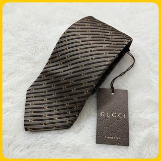 グッチ(Gucci)の新品同様 タグ付 GUCCI ネクタイ シルク 絹 ストライプ GG柄 ブラウン(ネクタイ)