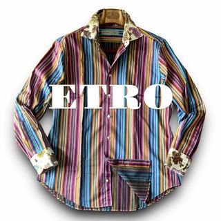 エトロ(ETRO)のD06 美品 名作 43『エトロ』鮮やか！マルチカラー ストライプ 長袖 シャツ(Tシャツ/カットソー(七分/長袖))