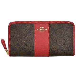 コーチ(COACH)の美品 コーチ 財布 COACH PVCxレザー ラウンドファスナー長財布 シグネチャー ブラウン/レッド レディース 54630 OJ10399(財布)