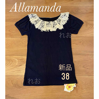 アラマンダ(allamanda)のAllamanda 衿レース 衿フリル　パフスリーブ半袖Tシャツ　新品　ネイビー(Tシャツ(半袖/袖なし))