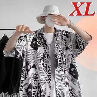 メンズ 半袖 シャツ 黒 白 XL 英字 総柄 ストリート 韓国 カジュアル (Tシャツ/カットソー(半袖/袖なし))