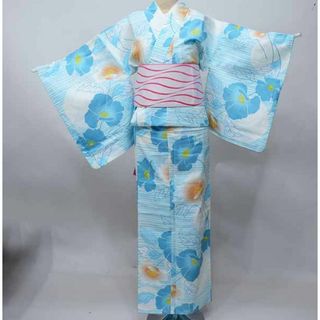 浴衣 女性用 単品 綿 白地×水色 花柄 152-167cm NO40424(浴衣)