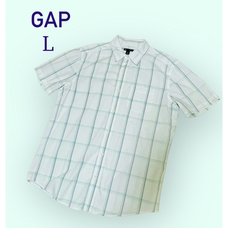 ギャップ(GAP)のGAP メンズカジュアルシャツ　ホワイト×ライトグリーン　チェック　半袖　L(シャツ)