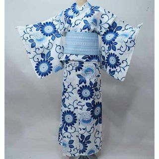 浴衣 女性用 単品 綿100％ 白地 花柄 152-167cm NO40444(浴衣)