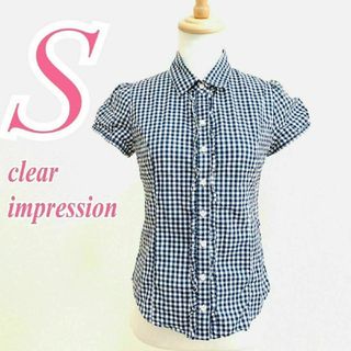 CLEAR IMPRESSION - クリアインプレッション　半袖ブラウス　S　ブルー　ホワイト　ギンガム　フリル