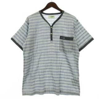 クロコダイル(Crocodile)のクロコダイル ボーダー 半袖 カットソー ハーフボタン ブルー M(Tシャツ/カットソー(半袖/袖なし))