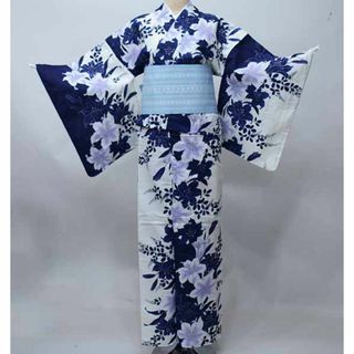 浴衣 女性用 単品 綿 白地 花柄 百合 152-167cm NO40464(浴衣)