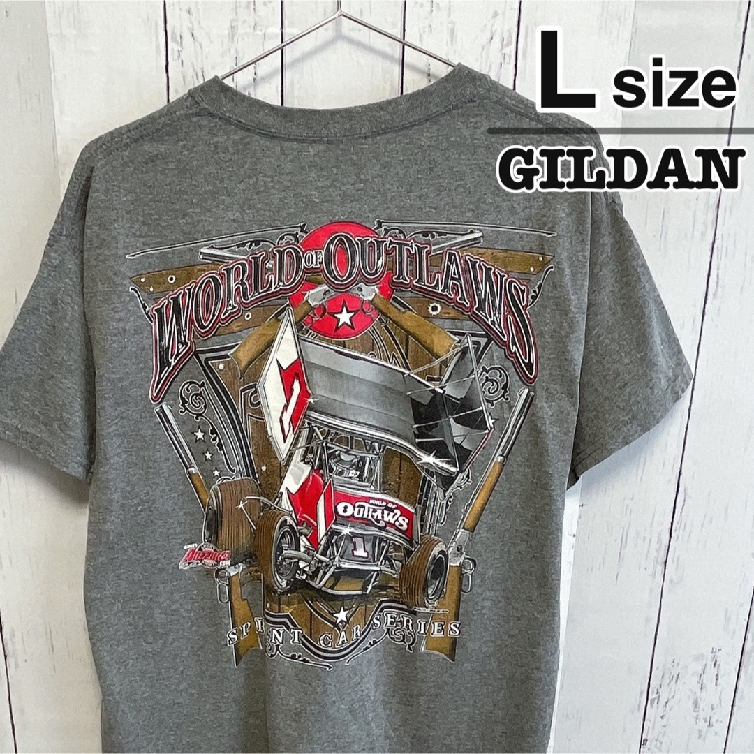 GILDAN(ギルタン)のUSA古着　GILDAN　Tシャツ　L　グレー　プリント　車　カー　レース　ロゴ メンズのトップス(Tシャツ/カットソー(半袖/袖なし))の商品写真