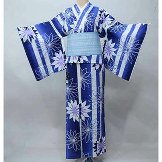 浴衣 女性用 単品 綿100％ 青×白 花柄 152-167cm NO40449(浴衣)