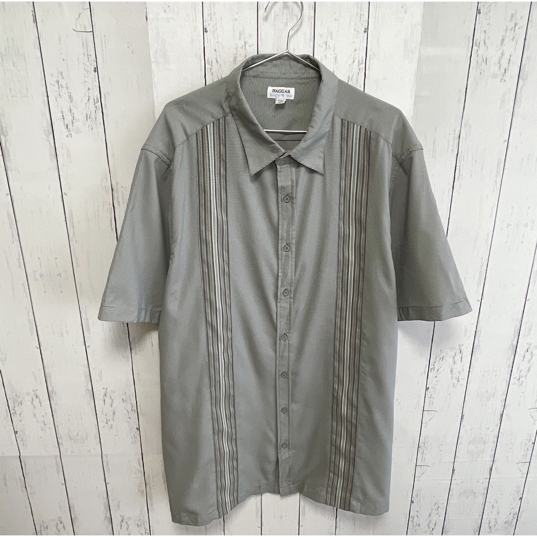 shirts(シャツ)のUSA古着　HAGGAR　半袖シャツ　ドレスシャツ　グレー　ライン　ストライプ メンズのトップス(Tシャツ/カットソー(半袖/袖なし))の商品写真