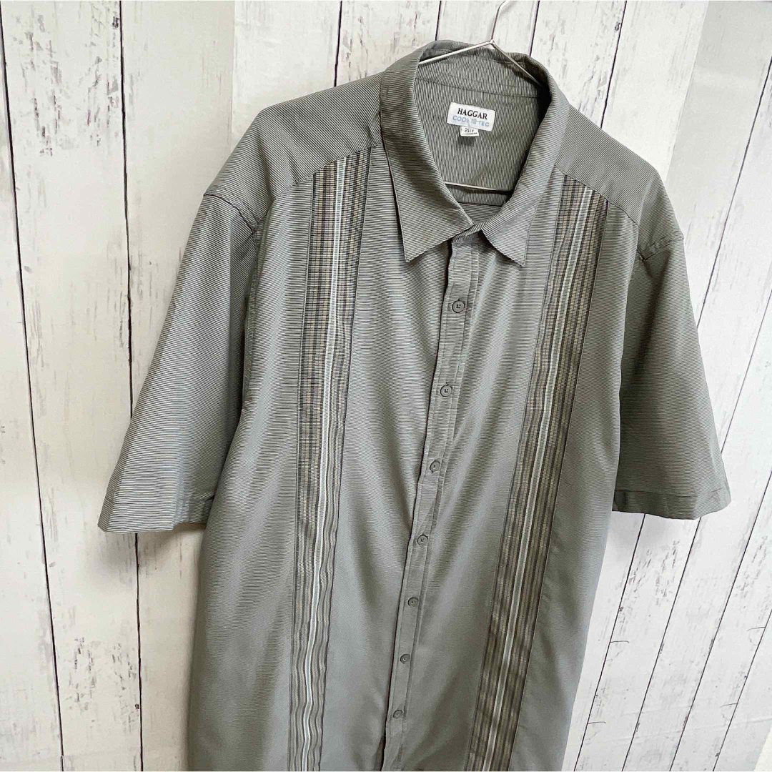 shirts(シャツ)のUSA古着　HAGGAR　半袖シャツ　ドレスシャツ　グレー　ライン　ストライプ メンズのトップス(Tシャツ/カットソー(半袖/袖なし))の商品写真