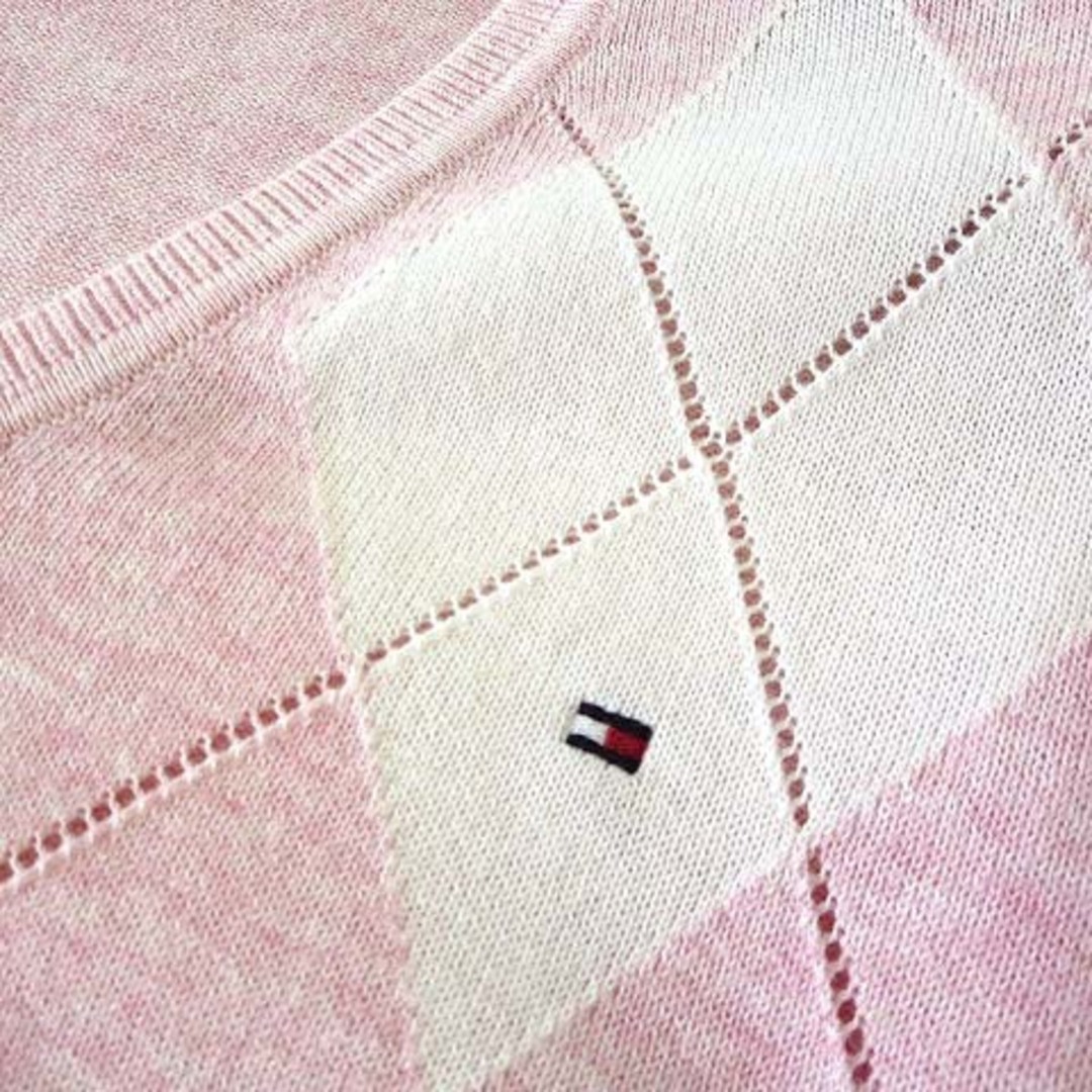 TOMMY HILFIGER(トミーヒルフィガー)のトミーヒルフィガー ニット ダイヤ柄 ロゴ Vネック 長袖 S ピンク 白 メンズのトップス(ニット/セーター)の商品写真