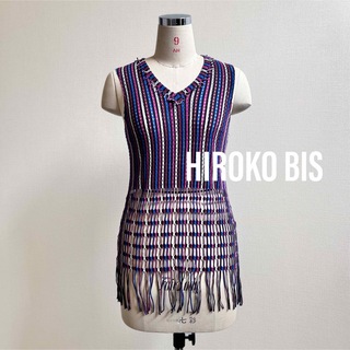 HIROKO KOSHINO - HIROKOBISヒロコビズコシノ メッシュニットフリンジトップスノースリーブ