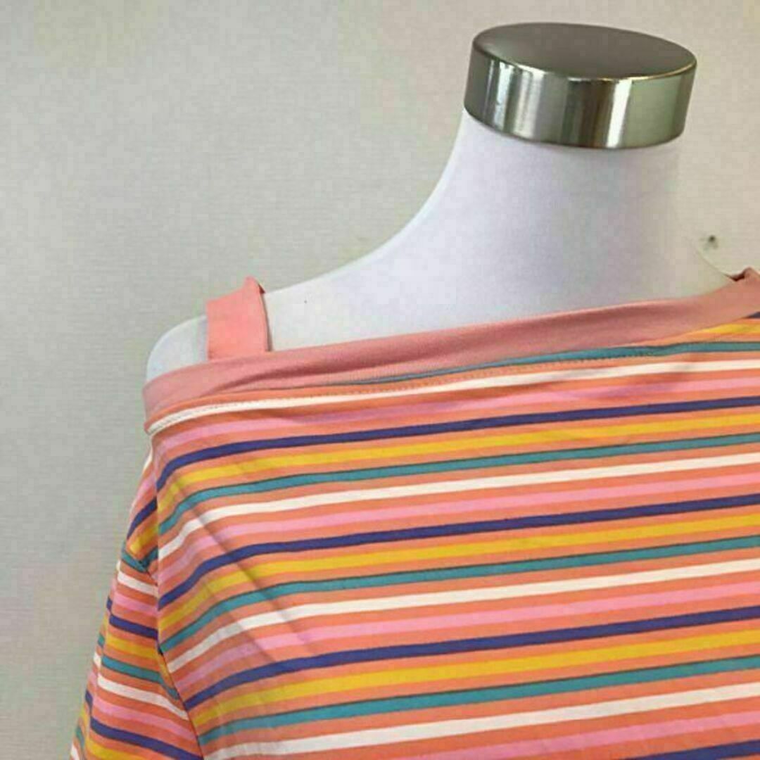 肩出し 夏 サマーコーデ ピンクボーダーカラフルカットソー 半袖 Lサイズ レディースのトップス(Tシャツ(半袖/袖なし))の商品写真