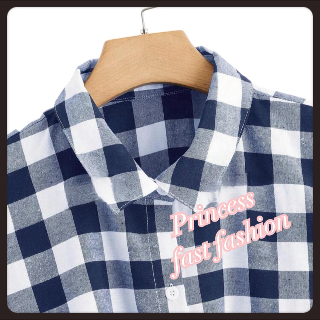 【4L／青白】チェック柄 半袖シャツ 大きいサイズ レディース レディースのトップス(シャツ/ブラウス(半袖/袖なし))の商品写真