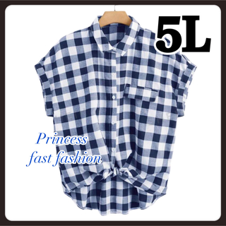 【5L／青白】チェック柄 半袖シャツ 大きいサイズ レディース(シャツ/ブラウス(半袖/袖なし))