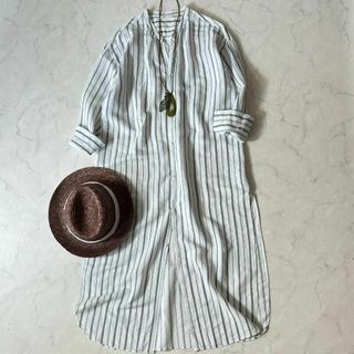 プラージュ(Plage)の美品♪プラージュ シャツワンピース ストライプ柄 バンドカラー 白グレー hm7(ロングワンピース/マキシワンピース)