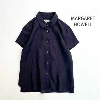 マーガレットハウエル(MARGARET HOWELL)のマーガレットハウエル＊リネンシャツ　ブラウス　丸襟　麻　スミクロ　サイズⅡ(シャツ/ブラウス(半袖/袖なし))