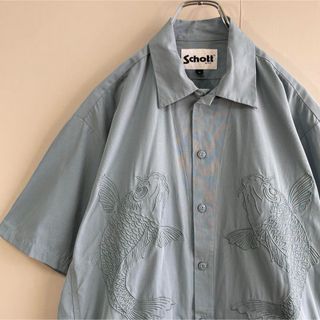 schott - 【鯉、和テイスト】schottキューバシャツ古着ビッグ刺繍くすみブルーシャツM